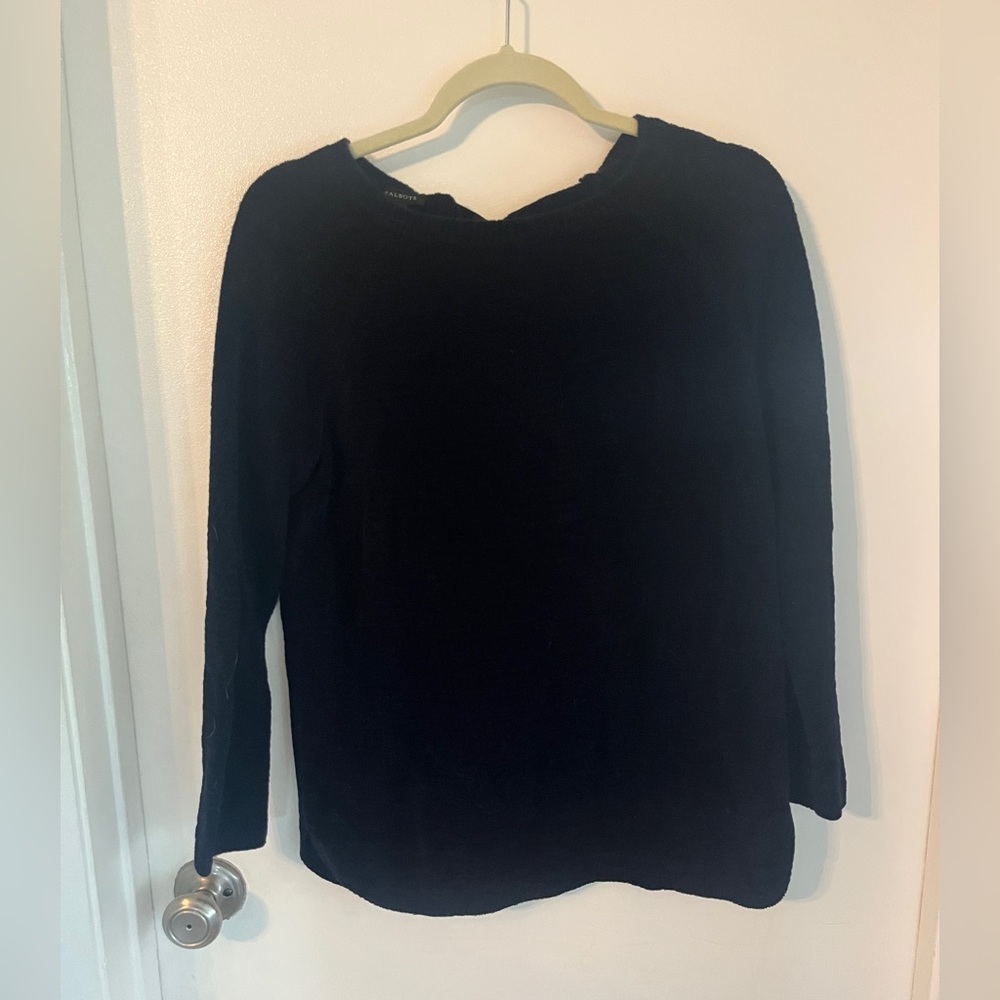 Talbots Black Sweater, Very Soft, Bow on back collar, Curved Hem, Size Medium